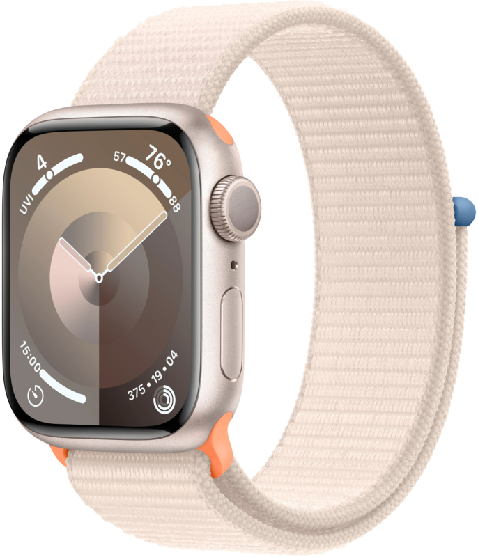 Apple Watch Series 9, 45 мм, корпус из алюминия цвета «сияющая звезда», нейлоновый ремешок цвета «сияющая звезда»